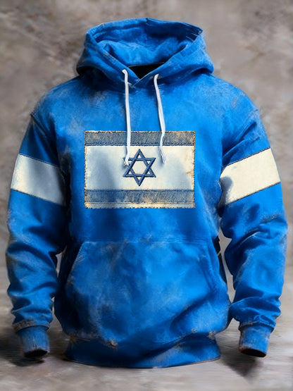 Men's Israeli Vintage Distressed Flag Print Hooded Sweatshirt