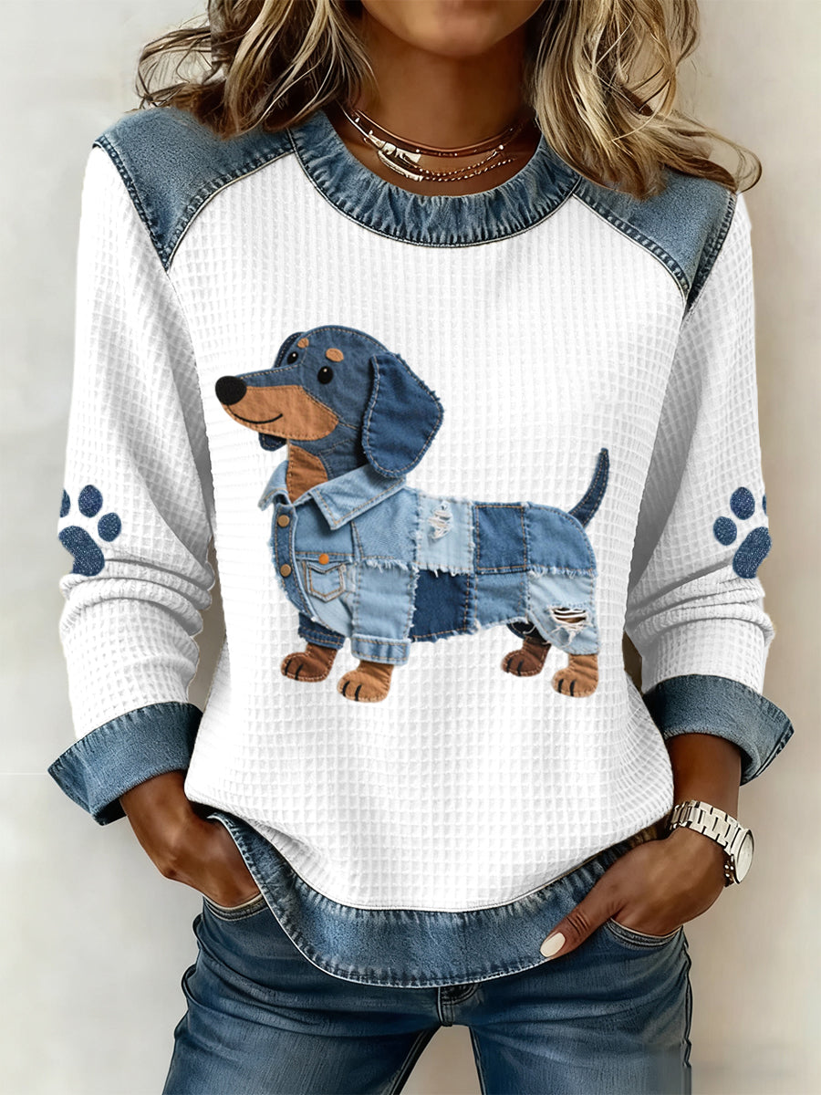 Women's Lovely Dachshund Pattern Denim Patchwork Art Sweatshirt