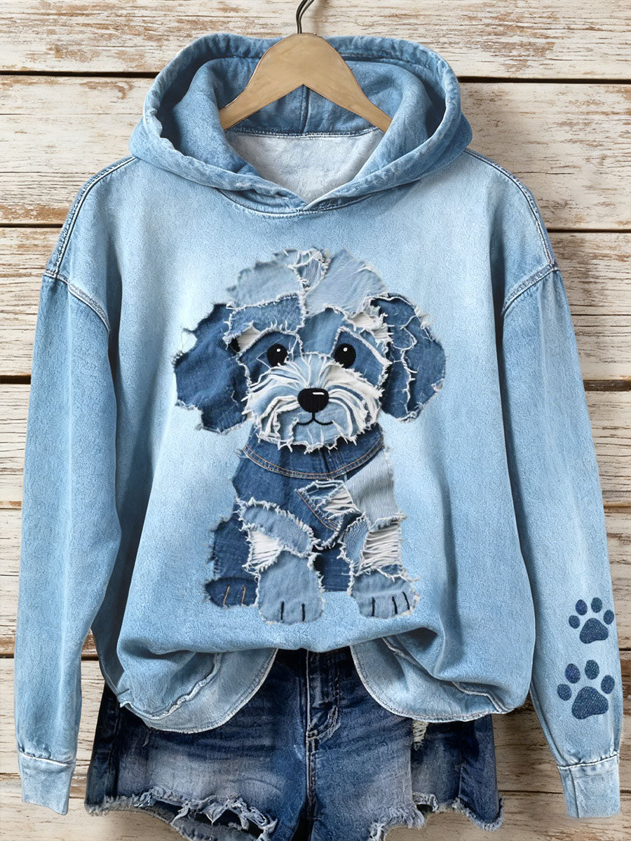 Women's Denim Patchwork Art Lovely Dog Pattern Hoodie