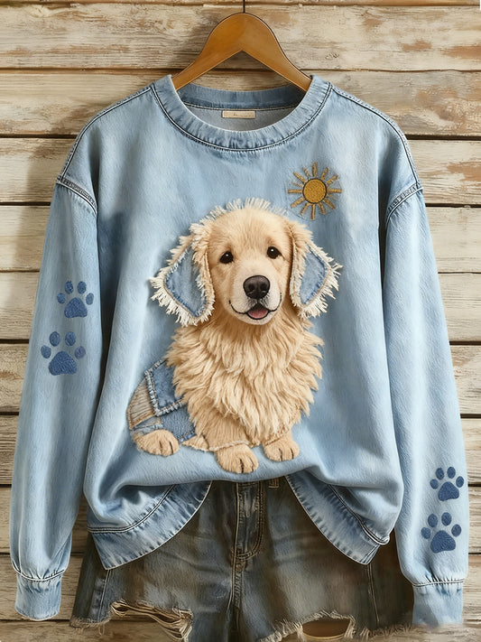 Women's Retro Denim Patchwork Animal Art Print Casual Comfort Long-Sleeve Sweatshirt