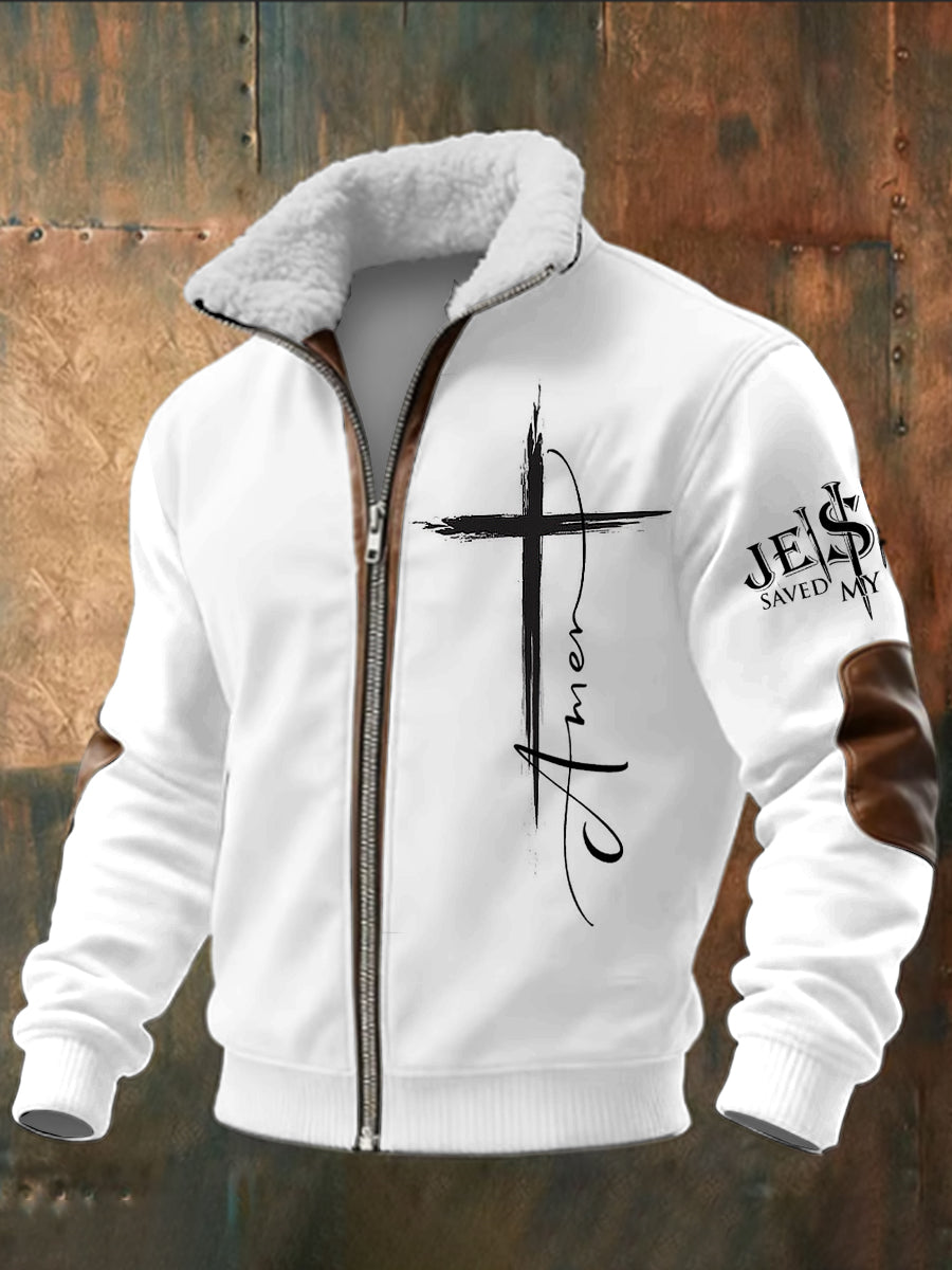 Men's Faith Printed Long Sleeved Stand Up Collar Lambhair Zipper Top