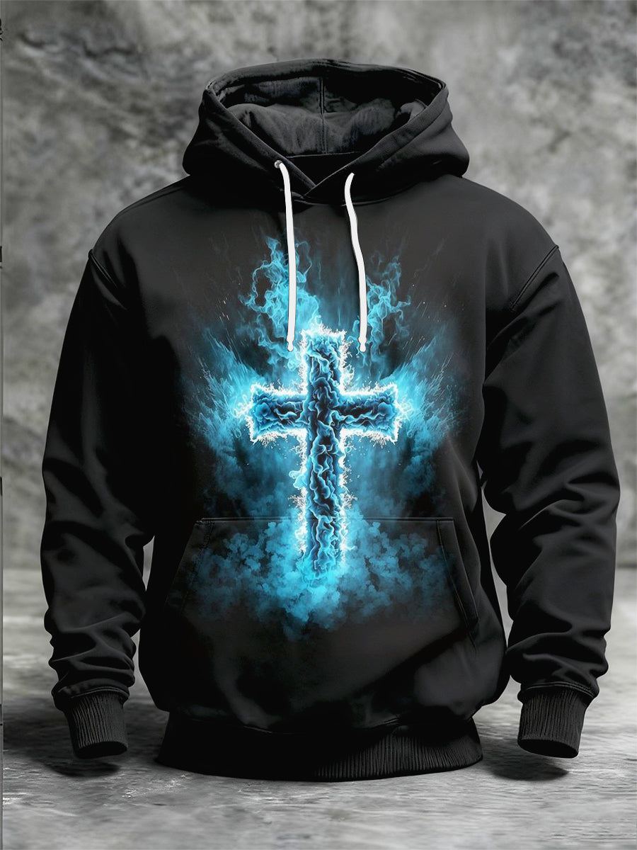 Men's Cross Printed Long Sleeved Hooded Sweatshirt