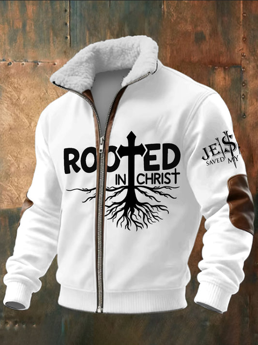 Men's Faith Printed Long Sleeved Stand Up Collar Lambhair Zipper Top