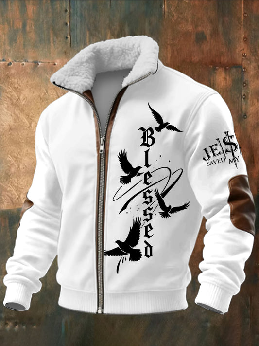 Men's Faith Printed Long Sleeved Stand Up Collar Lambhair Zipper Top