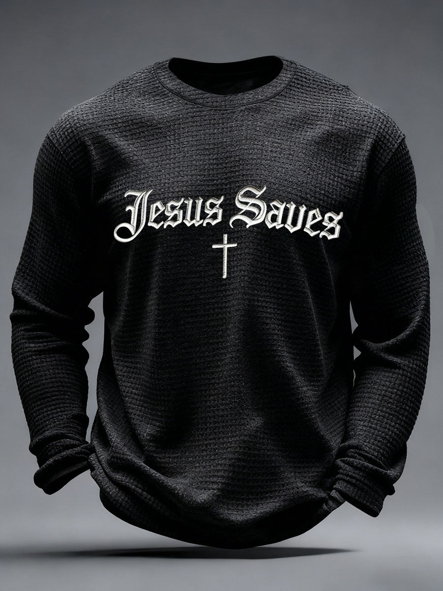 Men's Jesus Saves Waffle Print Casual T-Shirt