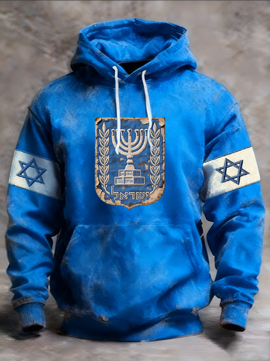 Men's Israeli Retro Print Long-Sleeve Hooded Sweatshirt