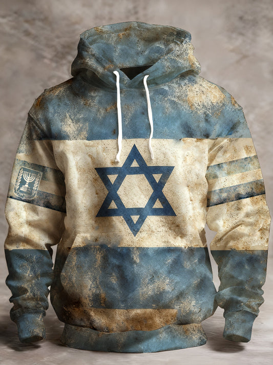 Men's Israeli Retro Print Long-Sleeve Hooded Sweatshirt