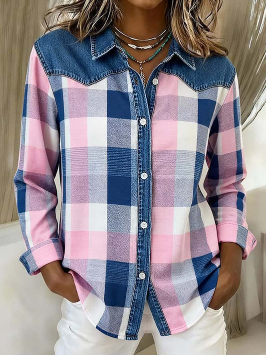 Women's Fashion Plaid Pattern Patchwork Art Shirt
