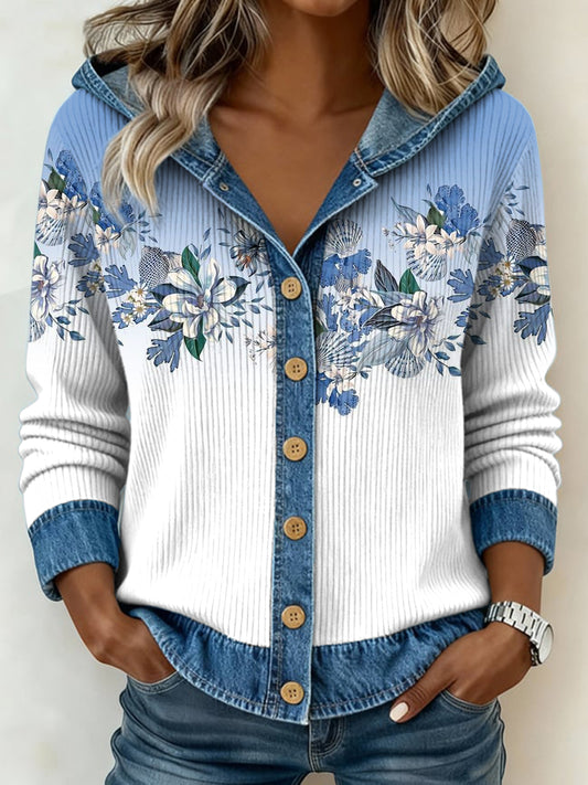 Women's Vintage Gradient Floral Patchwork Casual Hooded Top