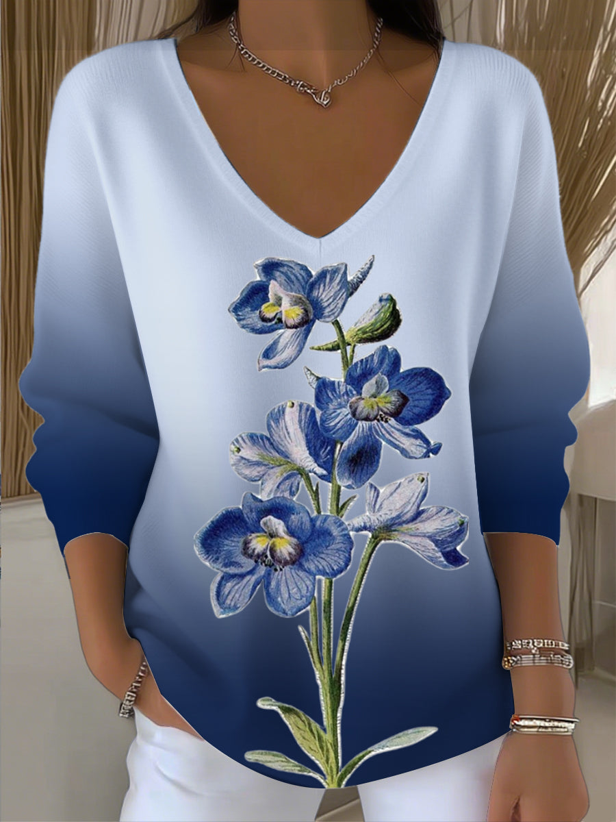 Women's Blue Gradient Delphinium Print V - Neck Top