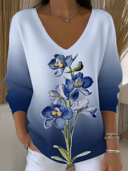 Women's Blue Gradient Delphinium Print V - Neck Top