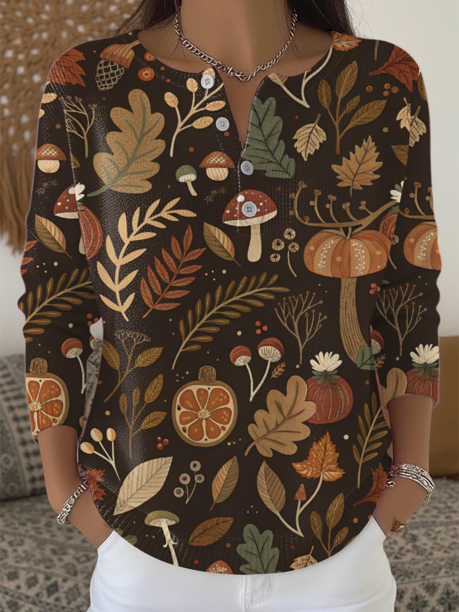 Women's Cozy Autumn Mushroom & Leaf Print Henley Neck Sweater