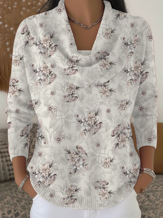 Women's Delicate Beige Floral Print Cowl Neck Sweater
