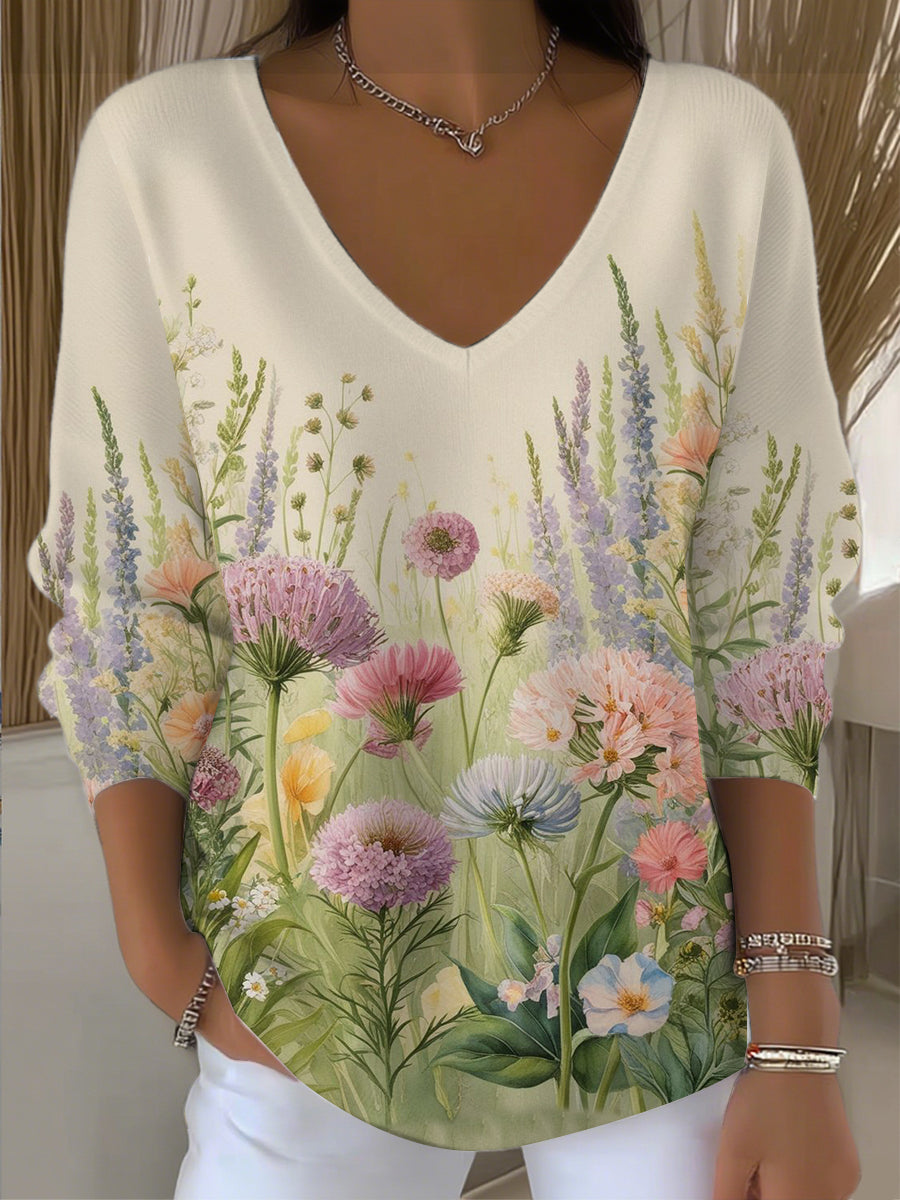 Women's Beige Colorful Wildflower Print V - Neck Top