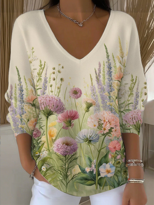 Women's Beige Colorful Wildflower Print V - Neck Top