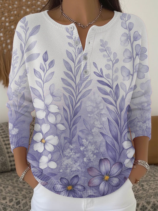 Women's Delicate Purple Floral Print Henley Neck Sweater