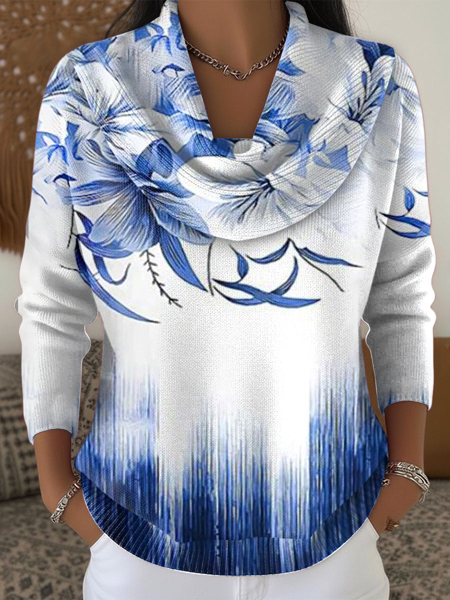 Women's Blue Gradient Floral Casual Sweater