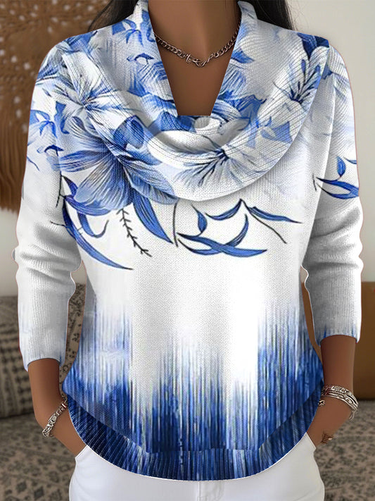 Women's Blue Gradient Floral Casual Sweater