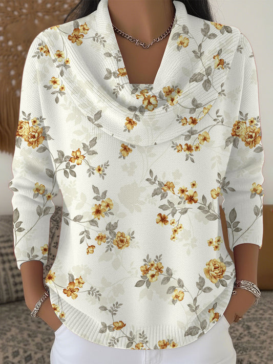 Women's Cheerful Yellow Floral Print Cowl Neck Sweater