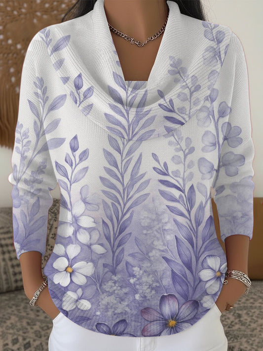 Women's Delicate Purple Floral Print Cowl Neck Sweater