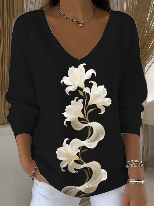 Women's Black White Lily Print V - Neck Top