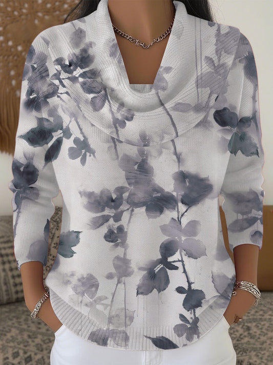 Women's Artistic Grey Leaf Print Cowl Neck Sweater