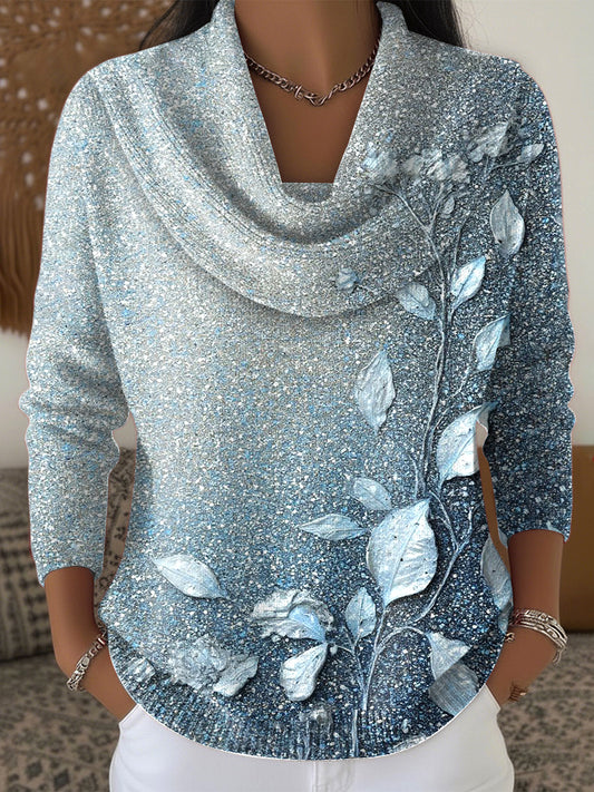 Women's Blue Gradient Sweater with Floral Design