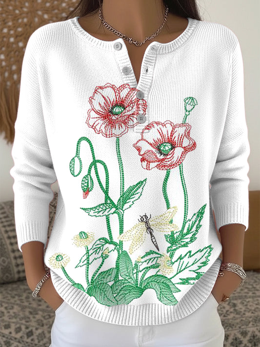 Women's White Floral Embroidered Henley Neck Sweater