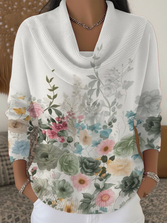 Women's Colorful Floral Print Cowl Neck Sweater