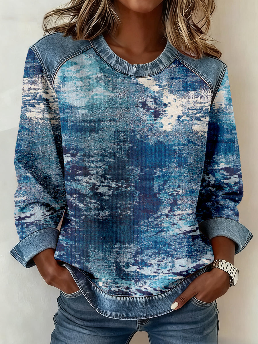 Women's Vintage Distressed Print Denim Patchwork Sweatshirt