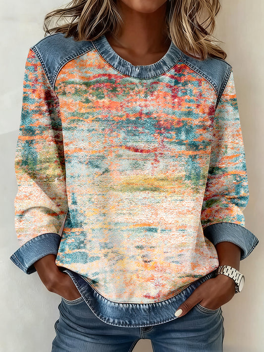 Women's Abstract Art Pattern Denim Patchwork Sweatshirt