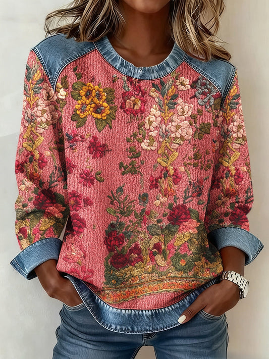 Women's Breast Cancer Awareness Floral 3D Print Denim Sweatshirt