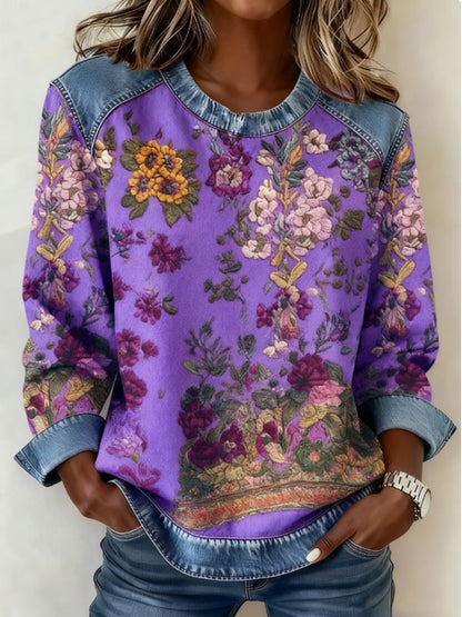 Women's Breast Cancer Awareness Floral 3D Print Denim Sweatshirt