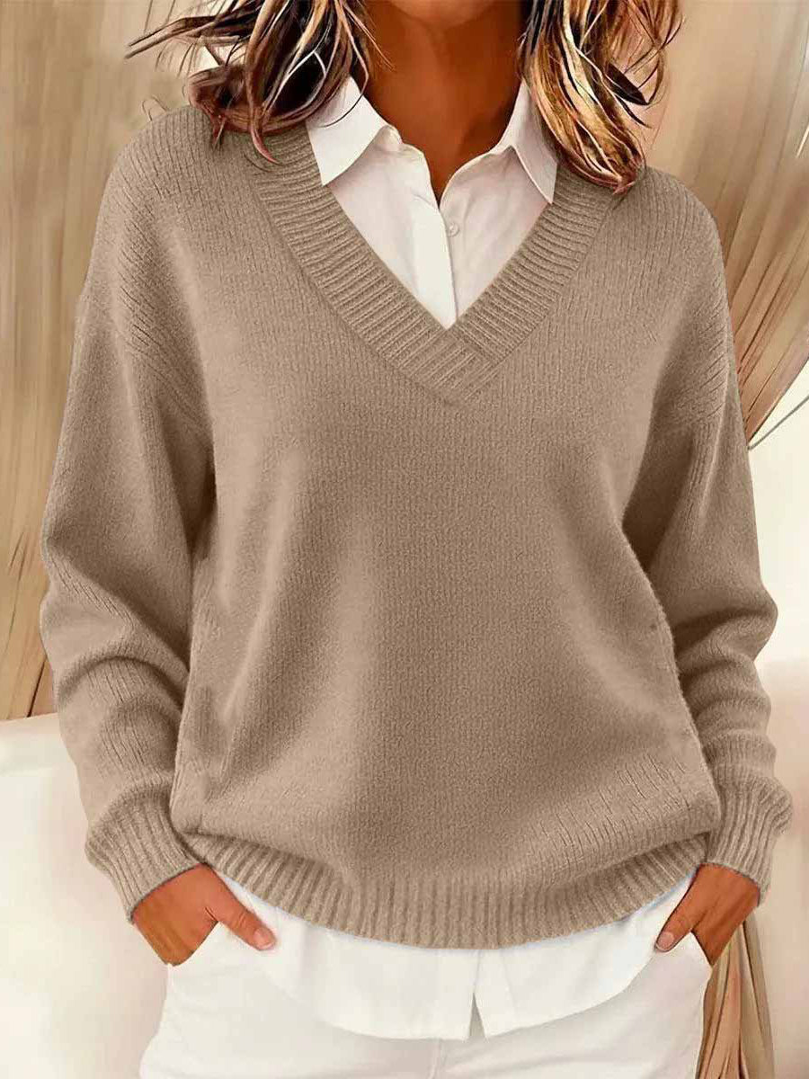 Women's Simple Solid Color Cozy Knit V-Neck Sweater