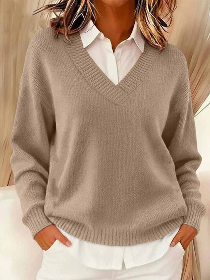 Women's Simple Solid Color Cozy Knit V-Neck Sweater