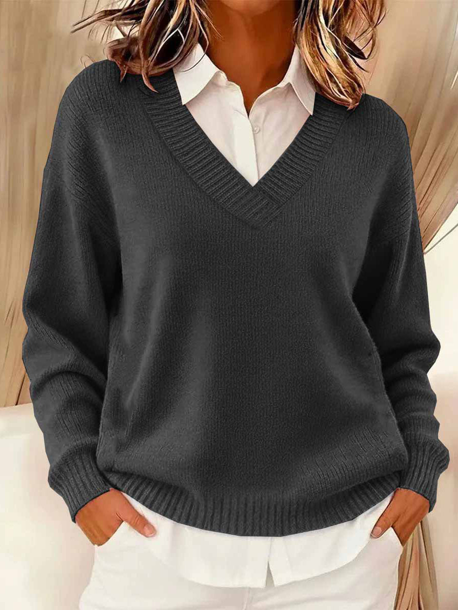 Women's Simple Solid Color Cozy Knit V-Neck Sweater