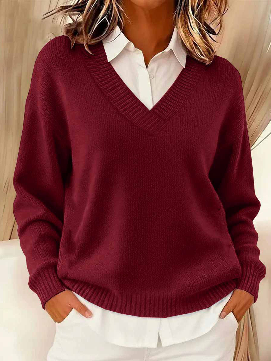 Women's Simple Solid Color Cozy Knit V-Neck Sweater