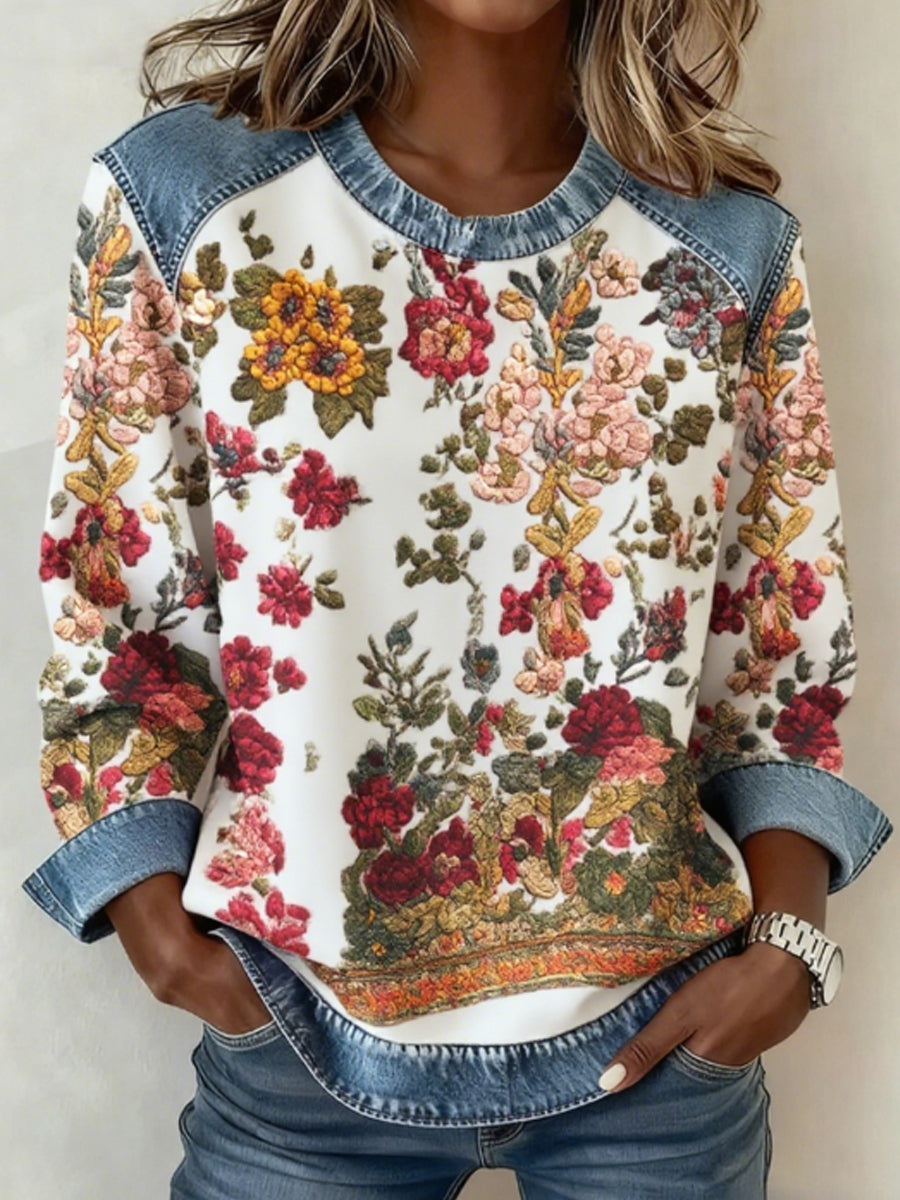 Women's Breast Cancer Awareness Floral 3D Print Denim Sweatshirt