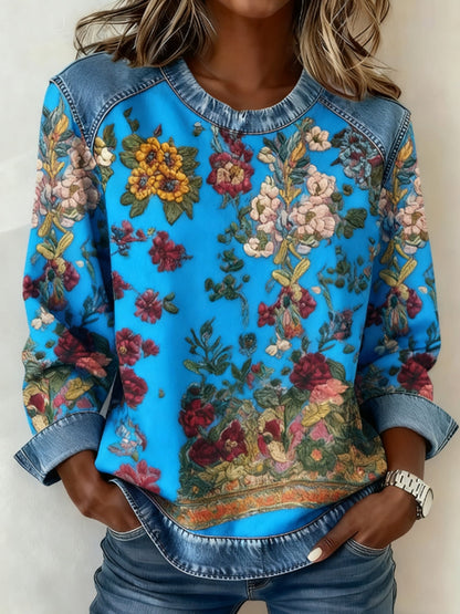 Women's Breast Cancer Awareness Floral 3D Print Denim Sweatshirt