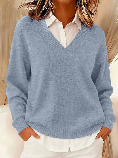 Women's Simple Solid Color Cozy Knit V-Neck Sweater