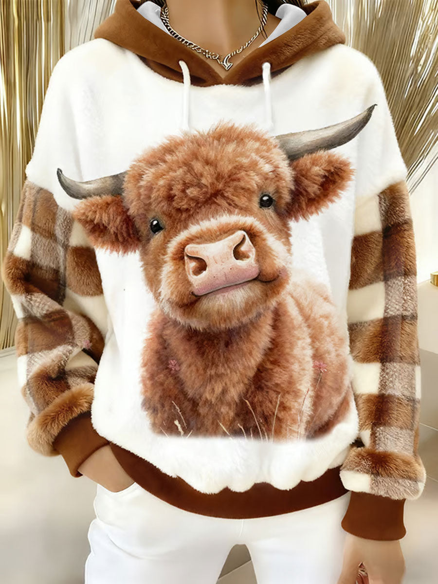 Women's Winter Cute Highland Cow  Flannel Hoodie
