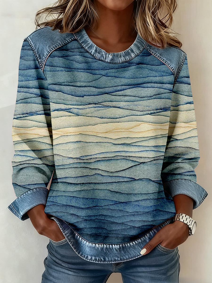 Women's Abstract Art Print Denim Patchwork Sweatshirt