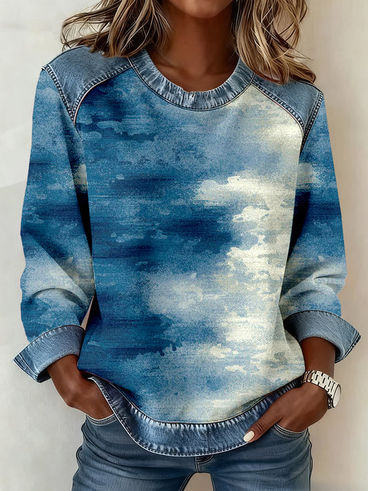 Women's Blue Tie-Dye Art Print Denim Patchwork Sweatshirt