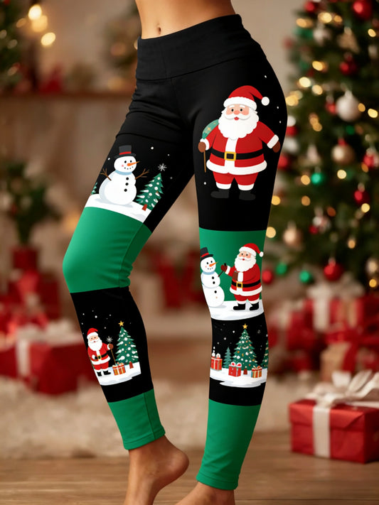 Women's Retro Christmas Santa Fun Art Patchwork Sports Stretch Leggings