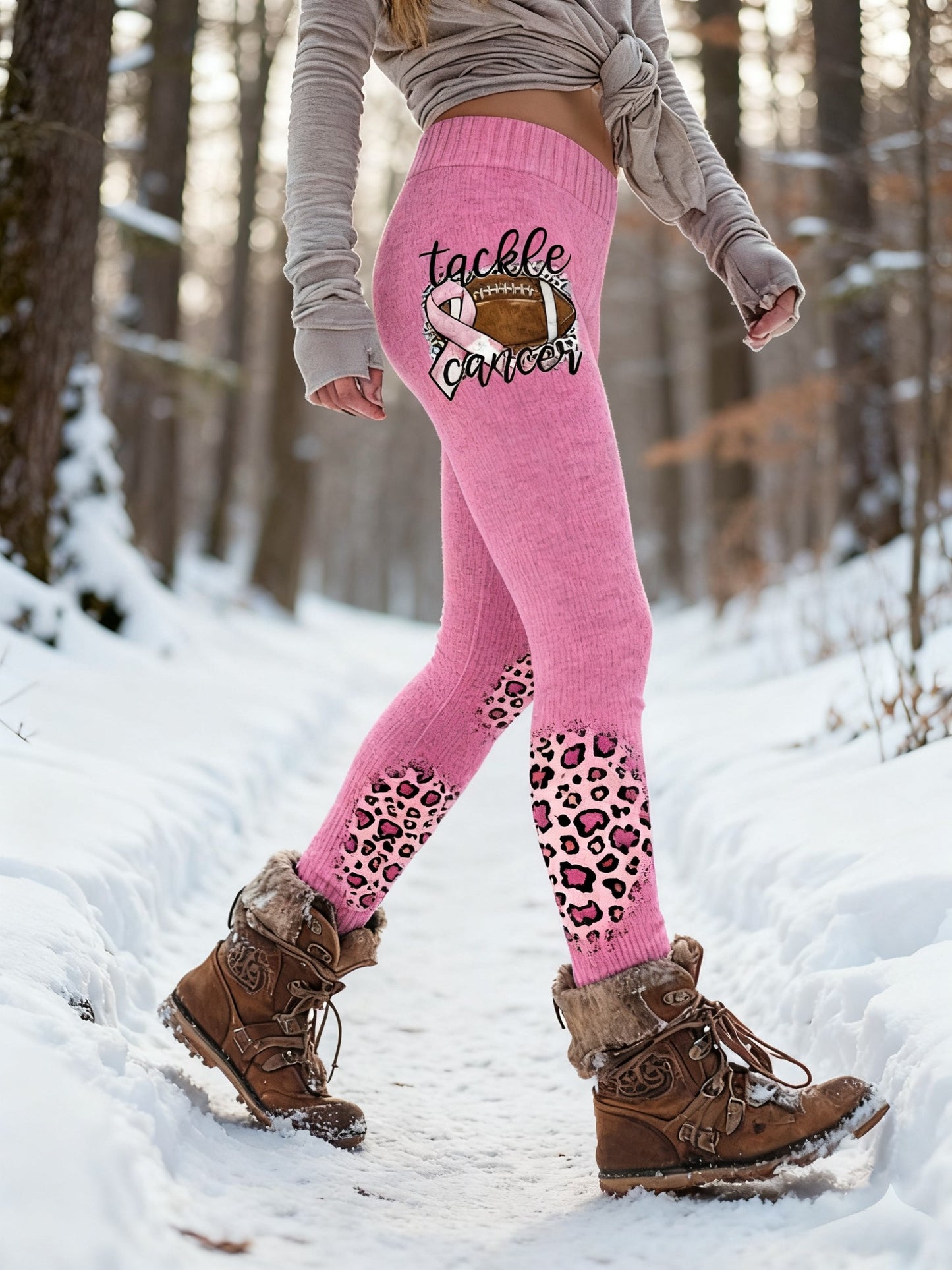 Women's Retro Breast Cancer Awareness Leopard Print Sports Stretch Leggings