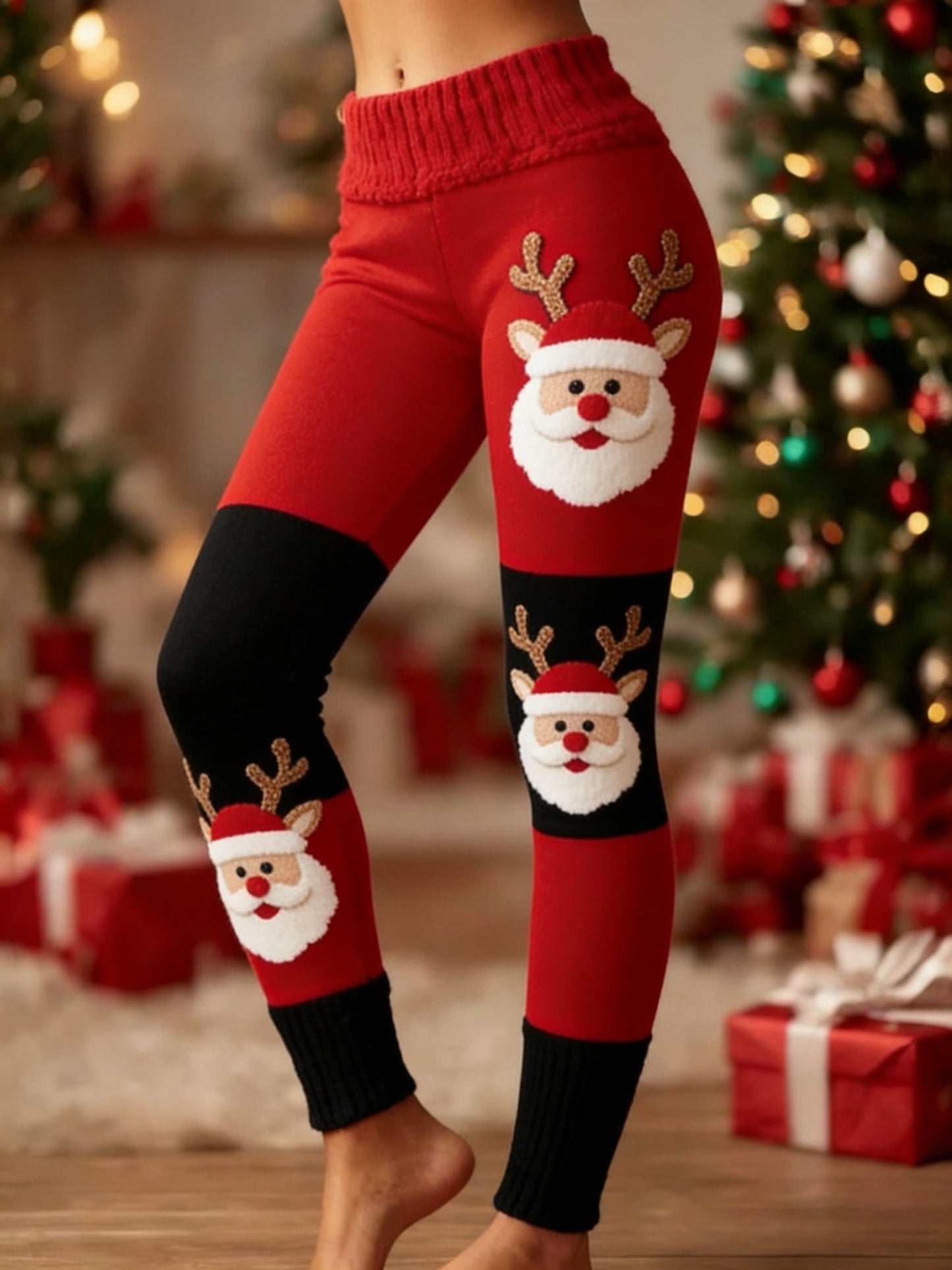 Women's Retro Christmas Santa Fun Art Patchwork Sports Stretch Leggings