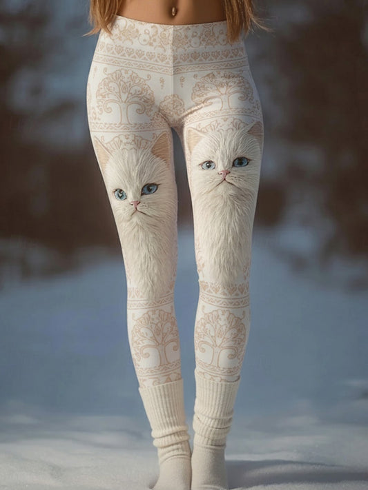 Women's kitten-themed thermal leggings