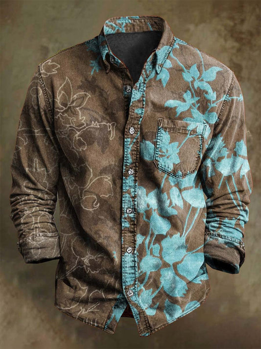 Retro Abstract Floral Print Casual Long-Sleeve Shirt