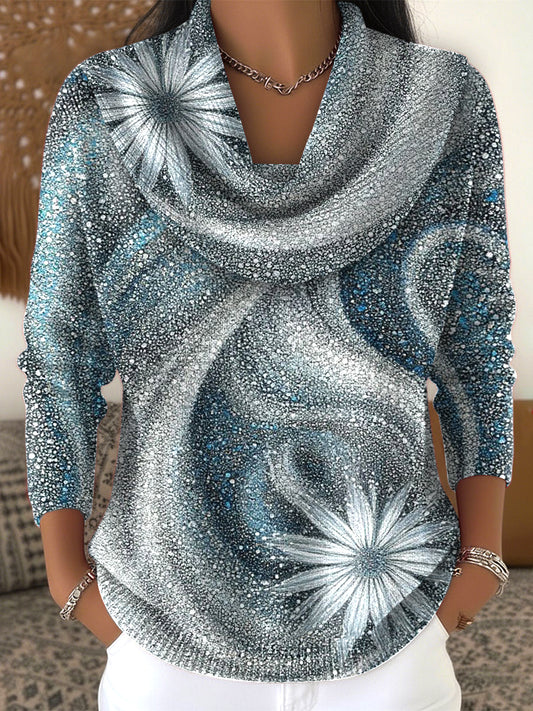 Women's Blue Floral Glitter Knit Sweater