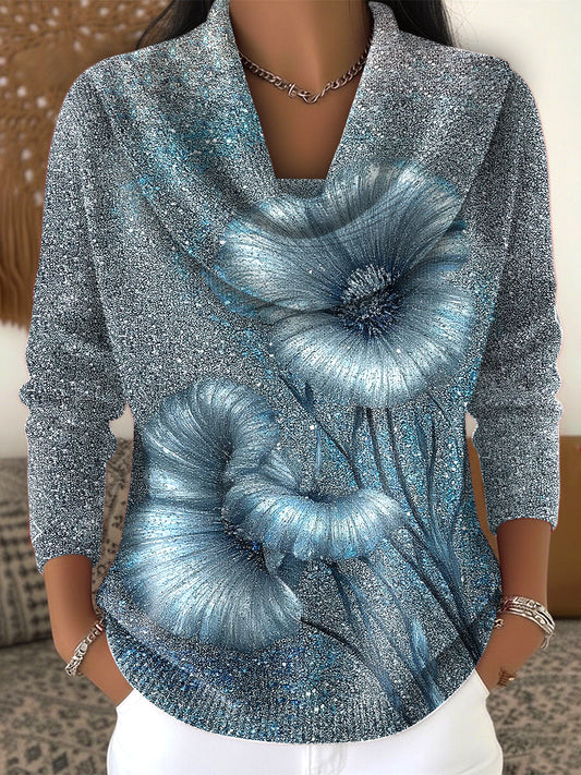 Women's Blue Floral Glitter Imitation Sweater